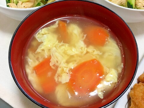 ゆで鶏の煮汁で！人参だけで鶏だしコンソメ卵スープ♡